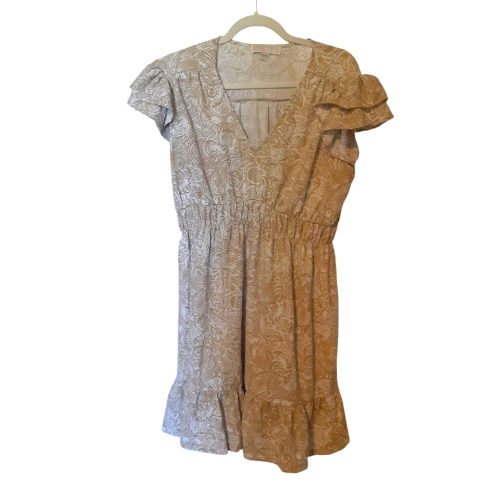 MICHAEL Michael Kors Beige/Khaki Paisley-Print Flutter-Sleeve Midi Dress